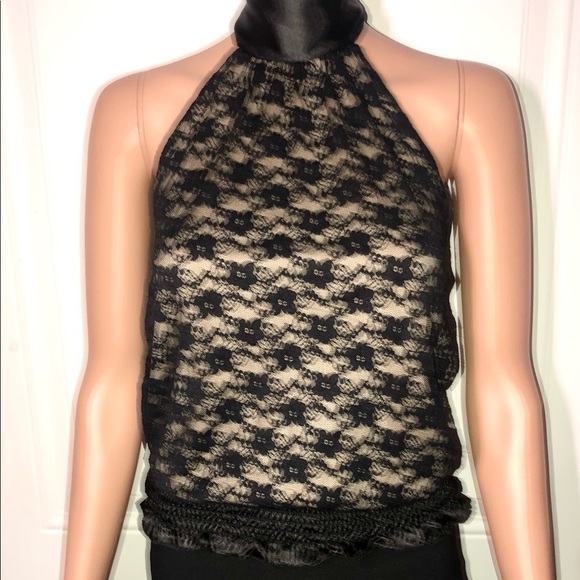 Bongo black lace overlay halter top with black satiny scarf ribbon Medium - Picture 2 of 9